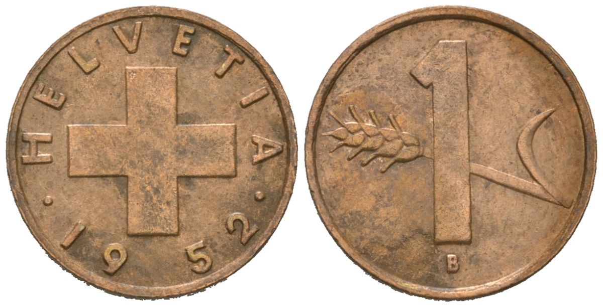 Швейцария 1 раппен 1952 KM 46 бронза 4618-639
