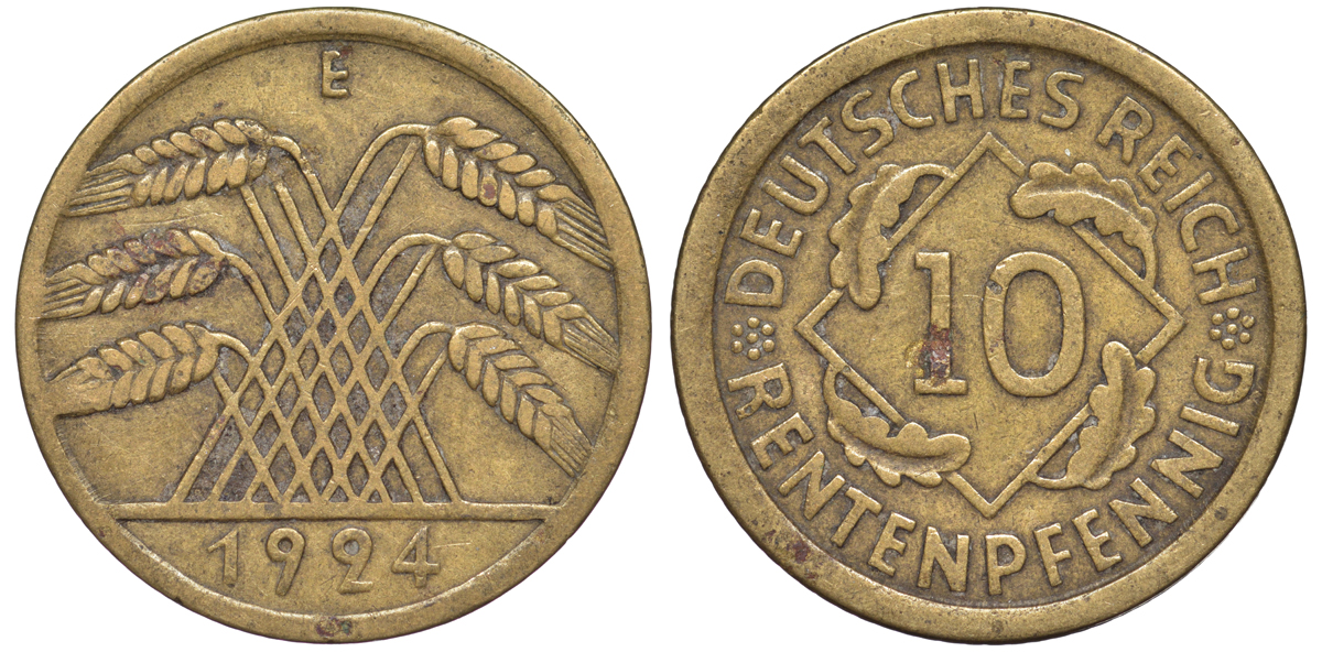 Германия 10 рентенпфеннигов 1924 E KM 33, J. 309 алюминиевая бронза 4604-643