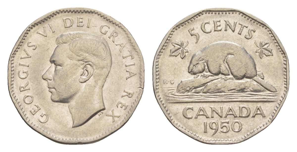 Канада 5 центов 1950 Георг VI (1936-1952), бобр KM 42 никель 4630-655