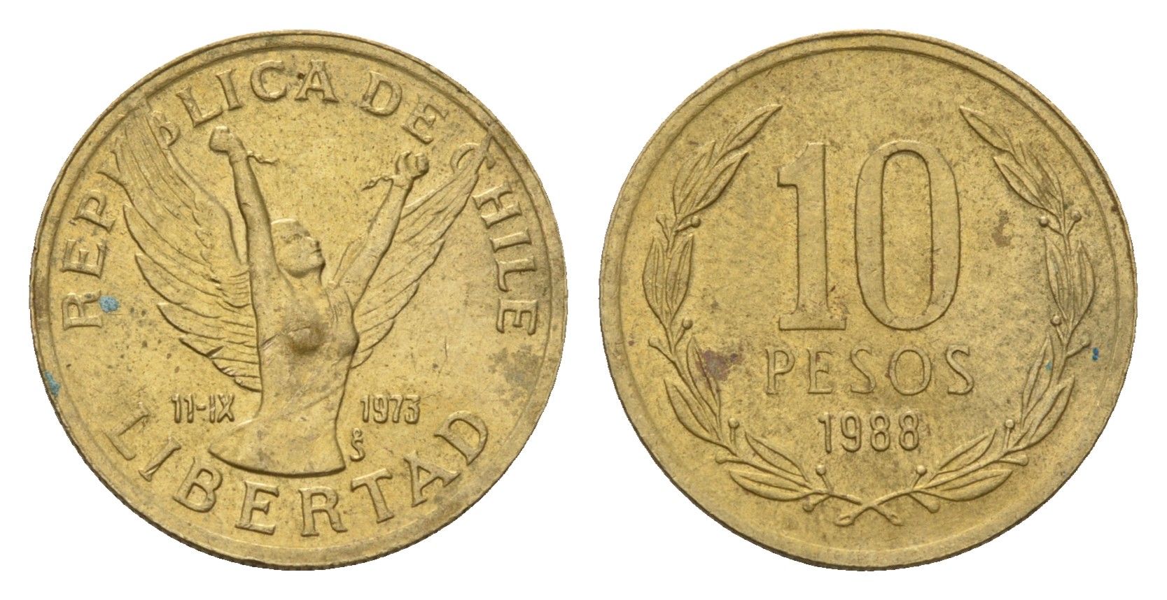 Чили 10 песо 1988 KM 218 латунь 4669-1121