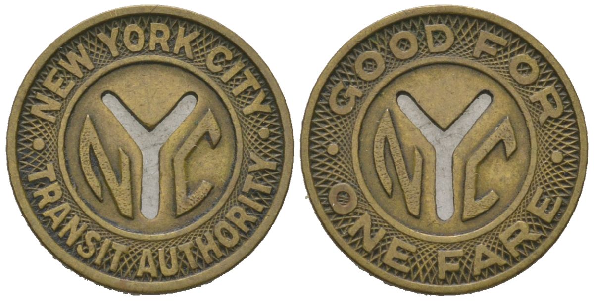 США, Нью-Йорк 1 тариф (fare) ND (1953-1970) управление транзита города Нью-Йорка, диаметр 16 мм, вес 1,69 гр AC NY 630 AO, TC?109007 латунь 116-853