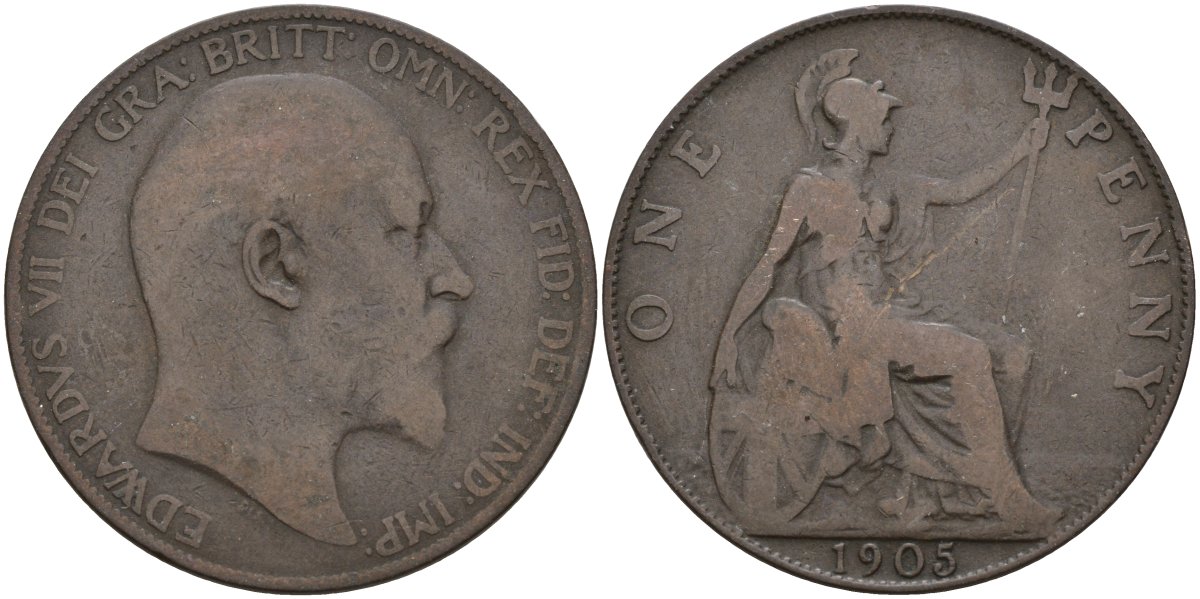 Великобритания 1 пенни 1905 Эдуард VII (1901-1910) KM 794.2, Sp 3990 бронза 4144-735