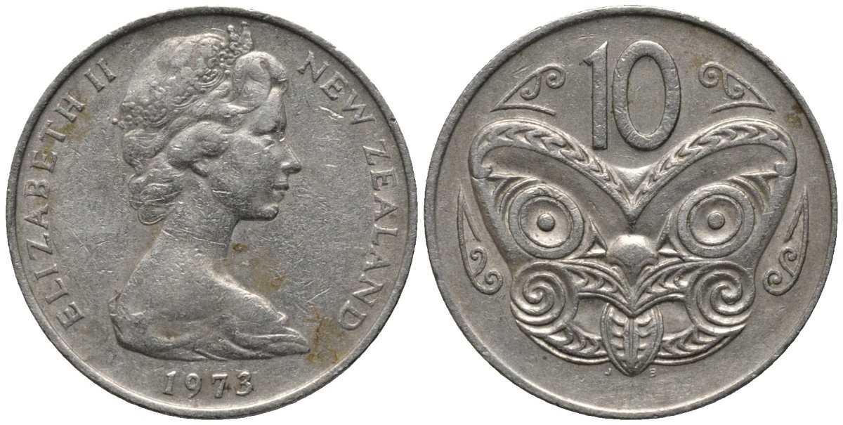 Новая Зеландия 10 центов 1973 Елизавета II (1952-2022), маска маори KM 41.1 медно-никель 4579-946