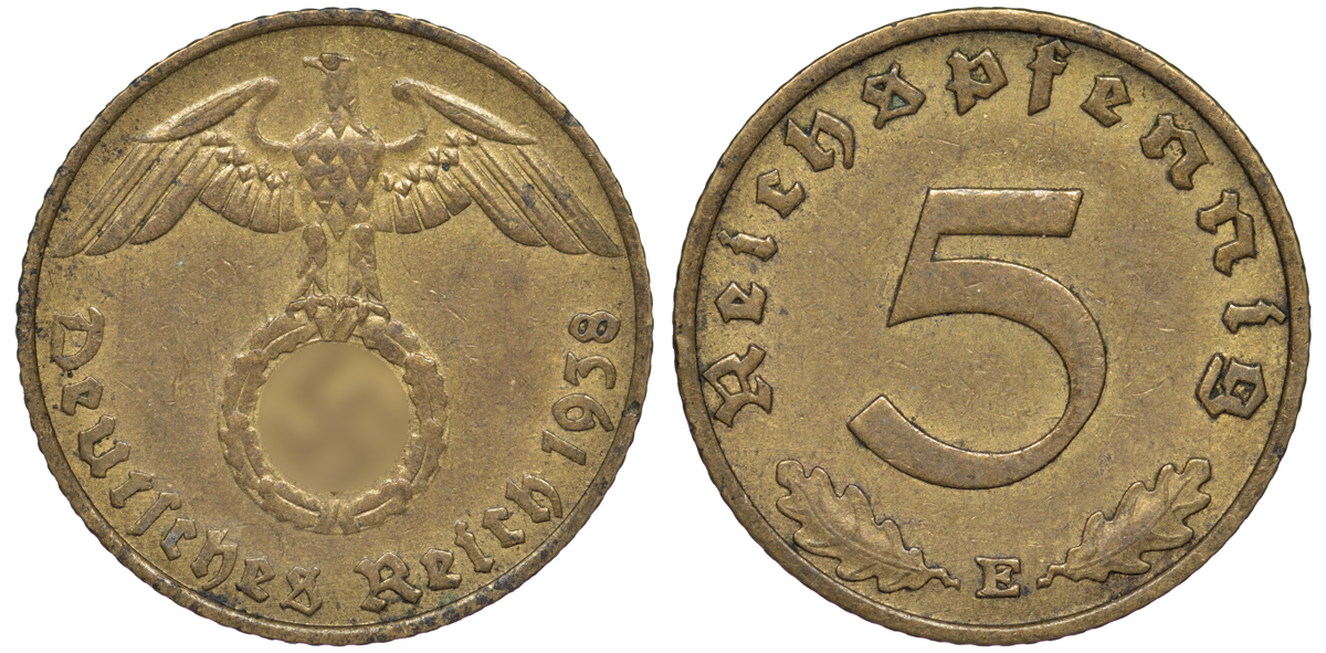 Германия 5 рейхспфеннигов 1938 E KM 91, J. 363 алюминиевая бронза 4602-1257