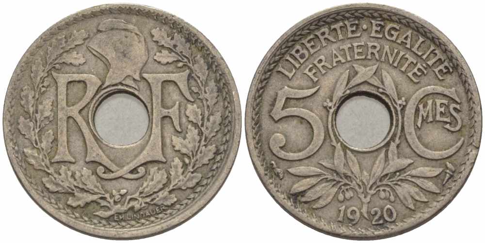 ФРАНЦИЯ 5 САНТИМОВ 1920 ТИП ЛИНДАЙЁ KM 865, LE FRANC 121.4 медно-никель 4379-1453