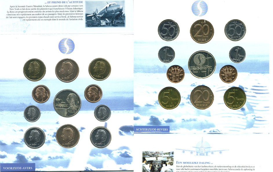 Бельгия  набор из 10 монет плюс  жетон 1998 официальный банковский набор 75 лет Сабена, Sabena 75    UNC  1181-1-19