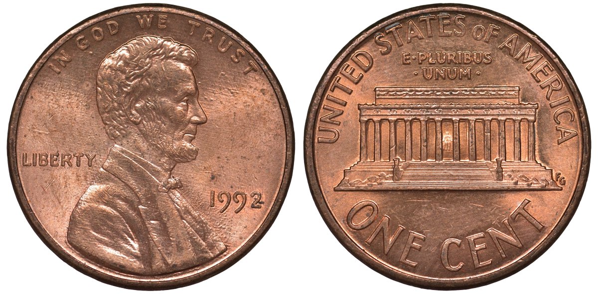 США 1 цент 1992 Линкольн KM 201b цинк плакированный медью 4122-227