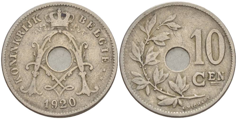 БЕЛЬГИЯ 10 САНТИМОВ 1920 BELGIE KM 86 медно-никель 4546-135