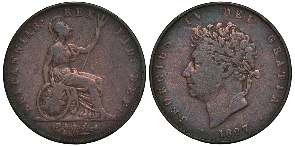 Великобритания 1/2 пенни 1827 Георг IV (1820-1830) KM 692, Spink 3824 медь 603-1334