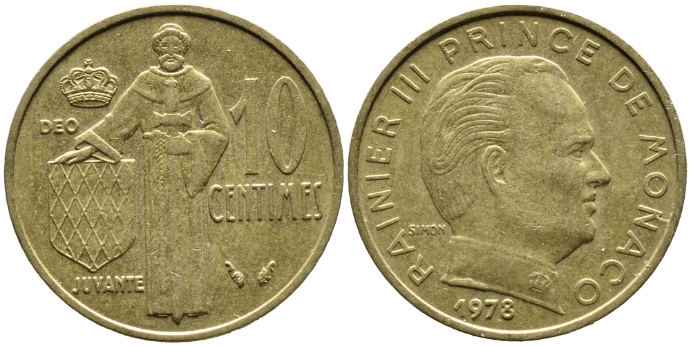 Монако 10 сантимов 1978 Ренье III (1949-2005) KM 142 алюминиевая бронза 3334-1151