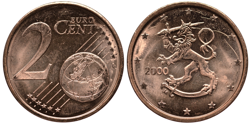 ФИНЛЯНДИЯ 2 ЕВРОЦЕНТА 2000 KM 99 сталь плакированная медью UNC 4181-449