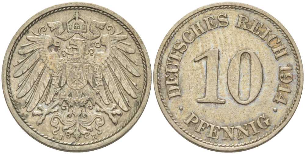 ГЕРМАНИЯ 10 ПФЕННИГОВ 1914 E KM 12, J. 13, Weege 8 медно-никель 212-243