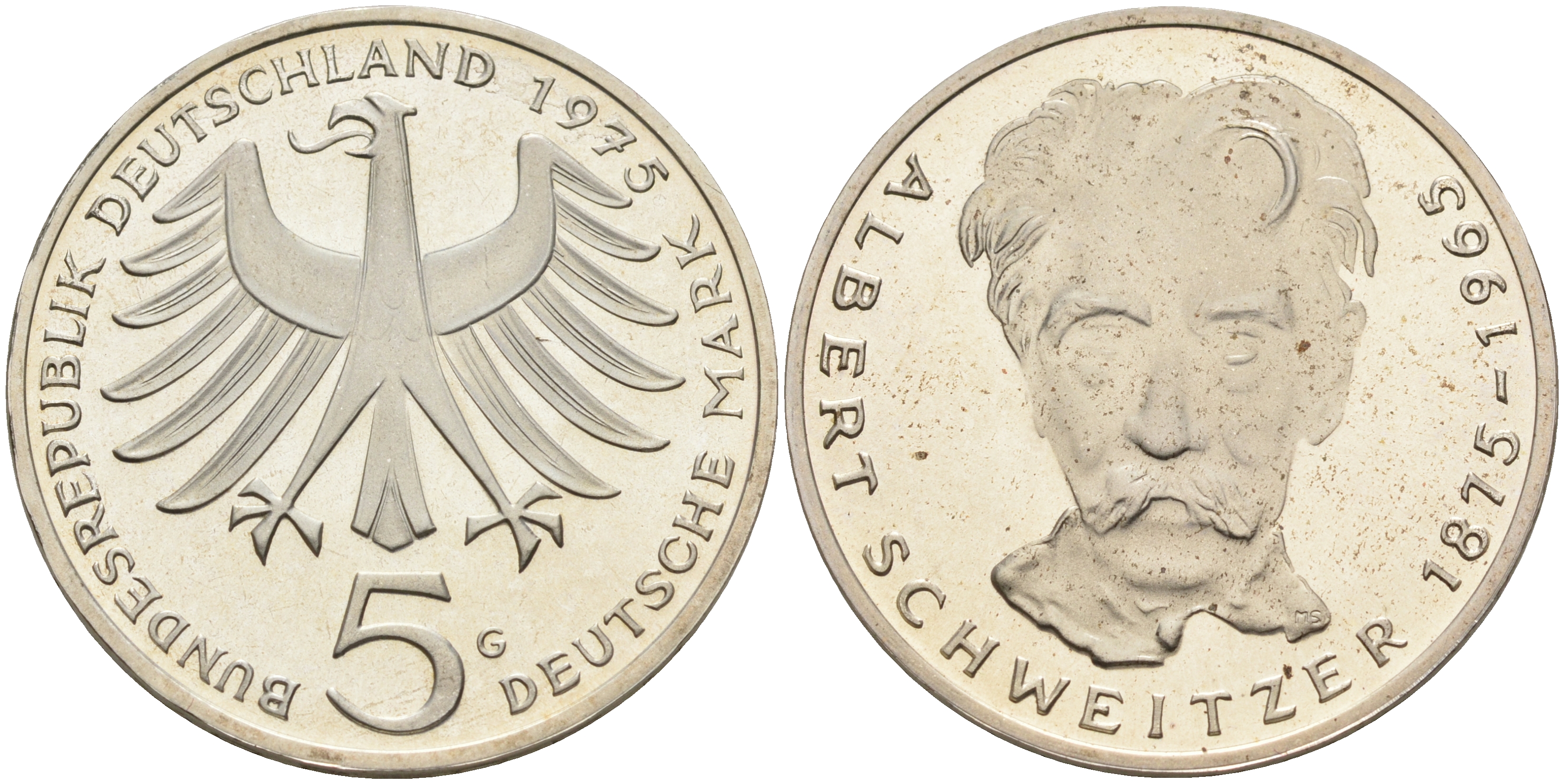 ФРГ 5 марок 1975 G, 100 лет со дня рождения Альберта Швейцара KM 143, J.418 серебро PROOF 02-230-47