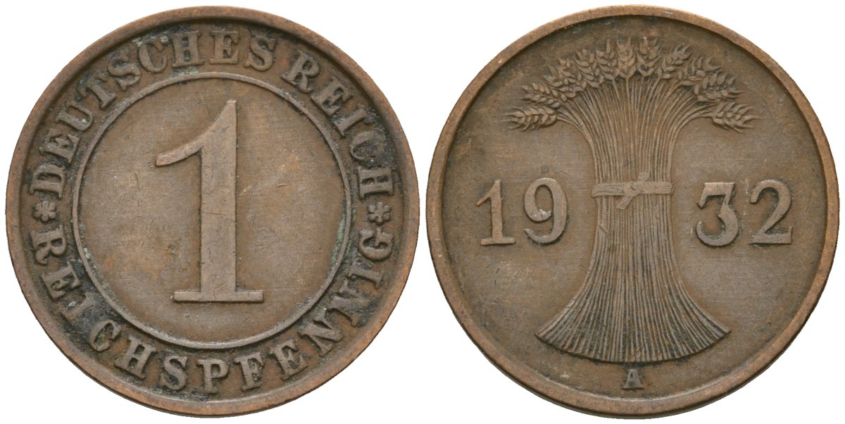 Германия 1 рейхспфенниг 1932 A KM 37, J. 313 бронза 4189-1145