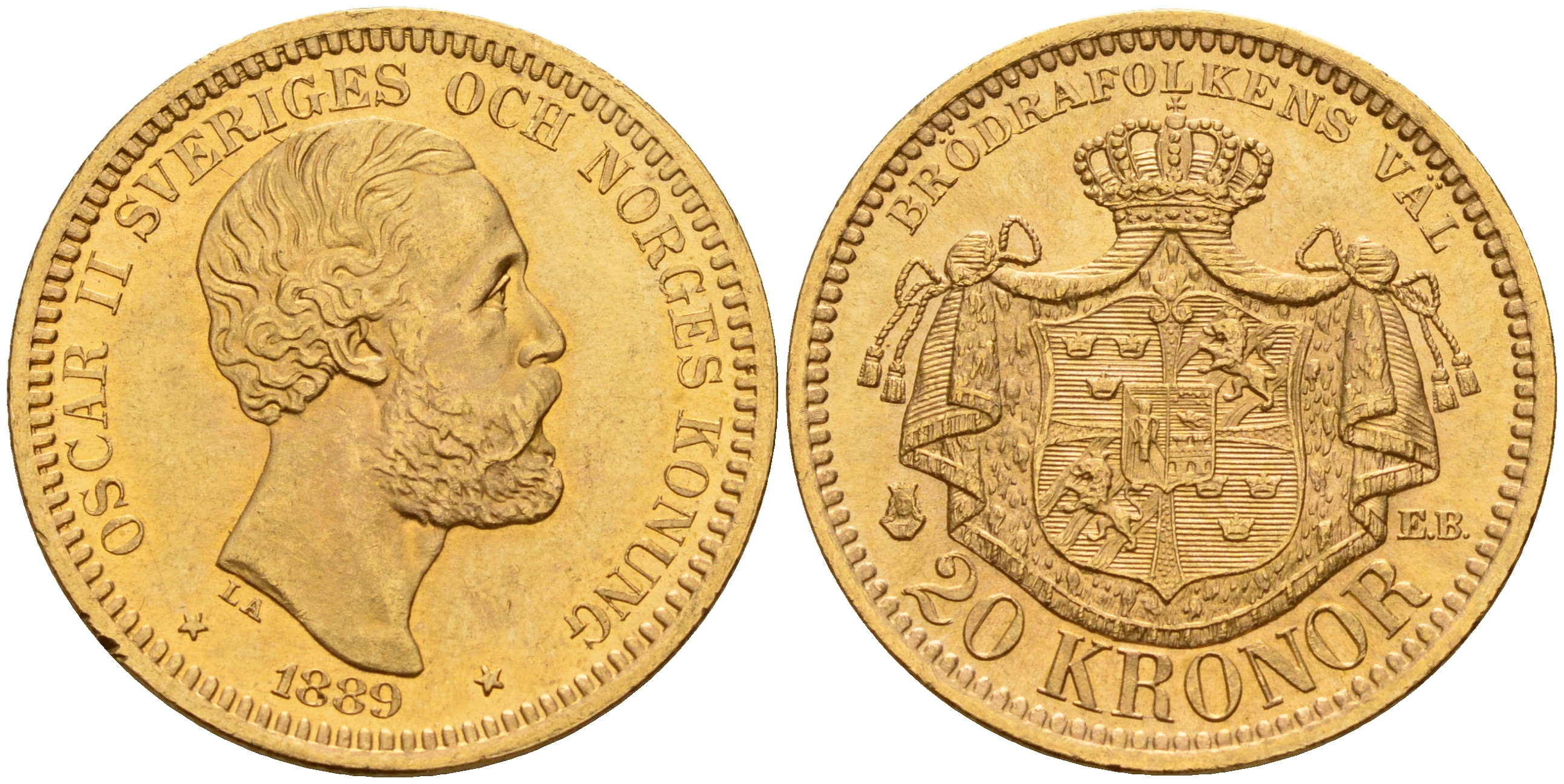Швеция 20 крон 1889 EB, Оскар II (1872-1907) король Швеции и Норвегии KM 748 золото 00-000-00
