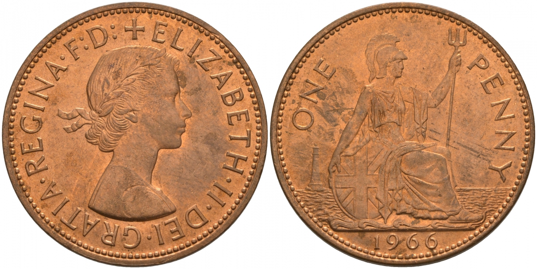 Великобритания 1 пенни 1966 Елизавета II (1952-2022) KM 897, Spink 4157 бронза UNC M7-09