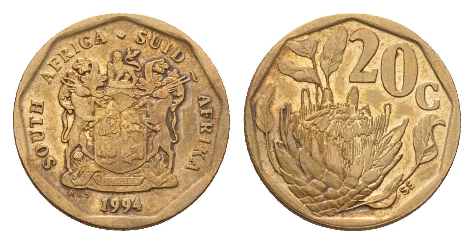 ЮАР 20 центов 1994 KM 136 сталь плакированная латунью 4643-321