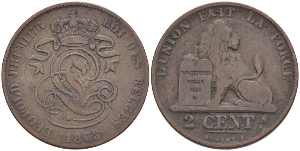 БЕЛЬГИЯ 2 САНТИМА 1863 BELGES KM 4.2 медь 4546-114