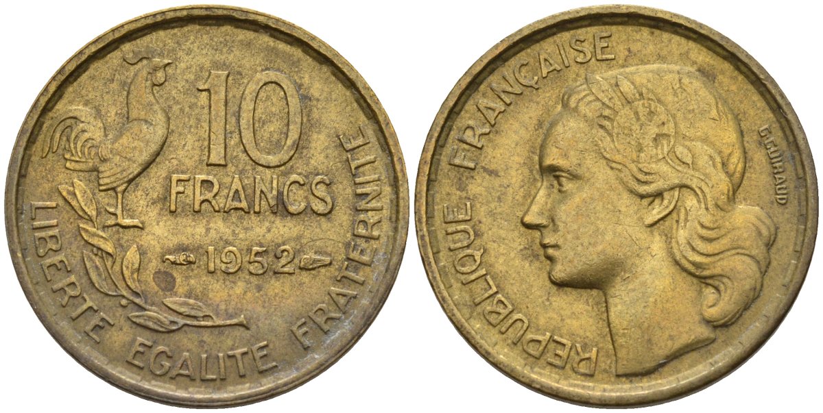 Франция 10 франков 1952 Петух KM 915.1, Le Franc 363.2 алюминиевая бронза 4142-1246
