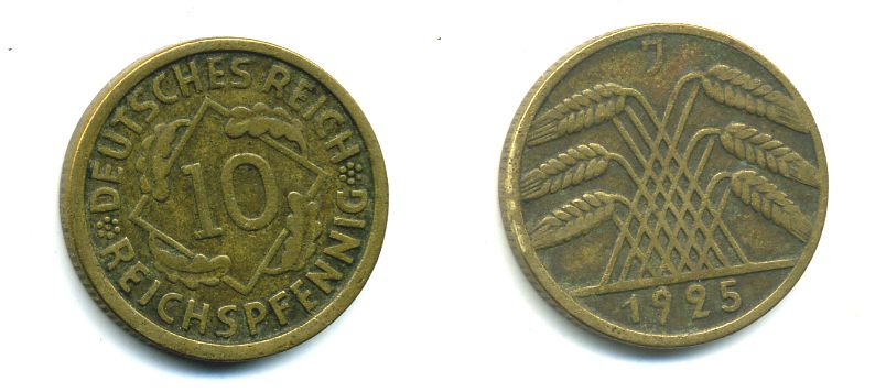 ГЕРМАНИЯ 10 РЕЙХСПФЕННИГОВ 1925 J KM 40, J.317 алюминиевая бронза 46-1427