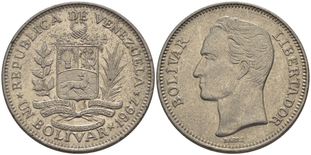 Венесуэла 1 боливар 1967 Симон Боливар KM 42 никель 31-525