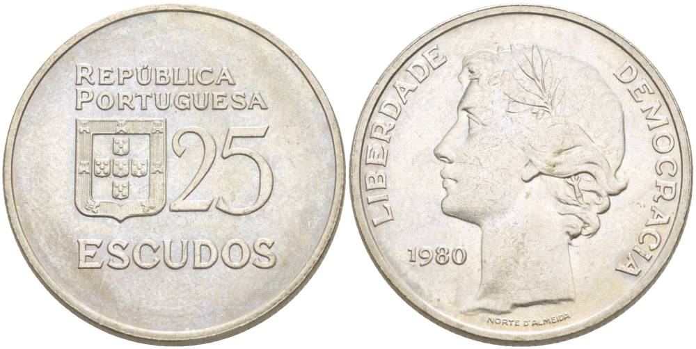 Португалия 25 эскудо 1980 первый год KM 607а медно-никель 4542-921
