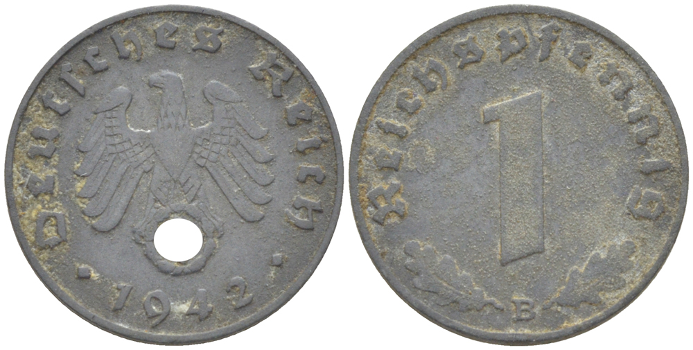 ГЕРМАНИЯ 1 РЕЙХСПФЕННИГ 1942 В KM 97, J. 369 цинк 4181-518