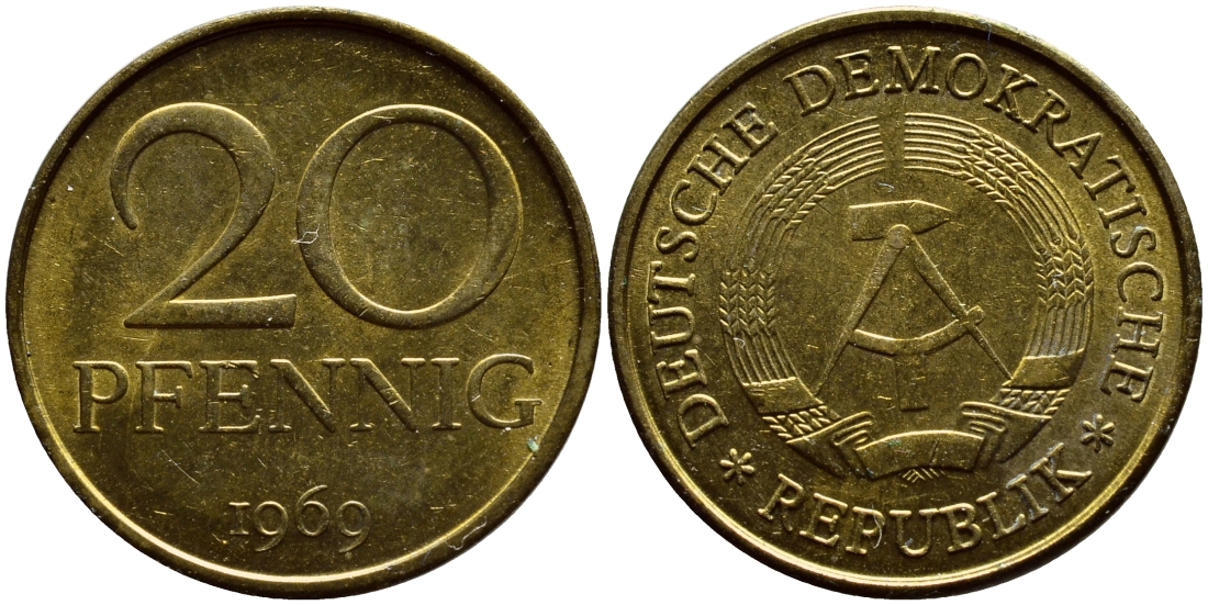 ГДР 20 пфеннигов 1969 А, первый год KM 11 латунь UNC 73-1447