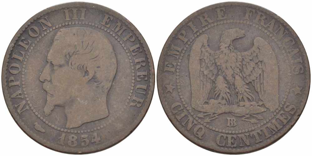 Франция 5 сантимов 1854 BB, Наполеон III (1852-1870) KM 777.3, LE FRANC 116.10 бронза 108-313