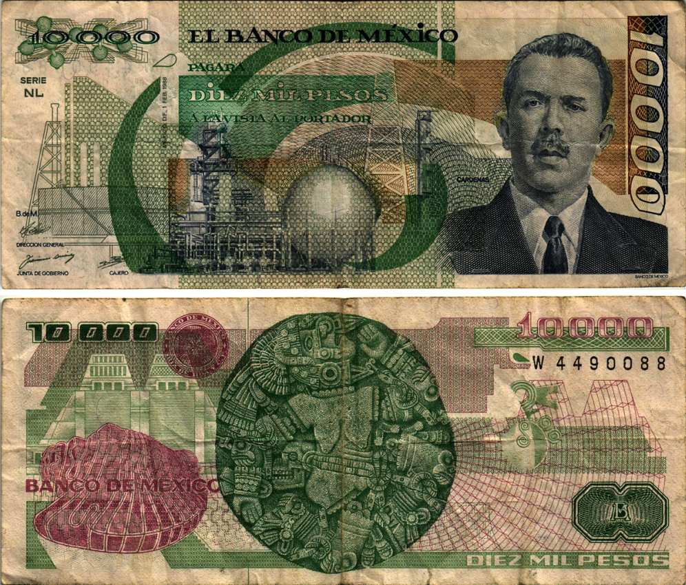 Мексика 10000 песо 1988 1 февраля 1988, Ласаро Карденас, черная серия Pick 90b  бумага   435-46-1-2