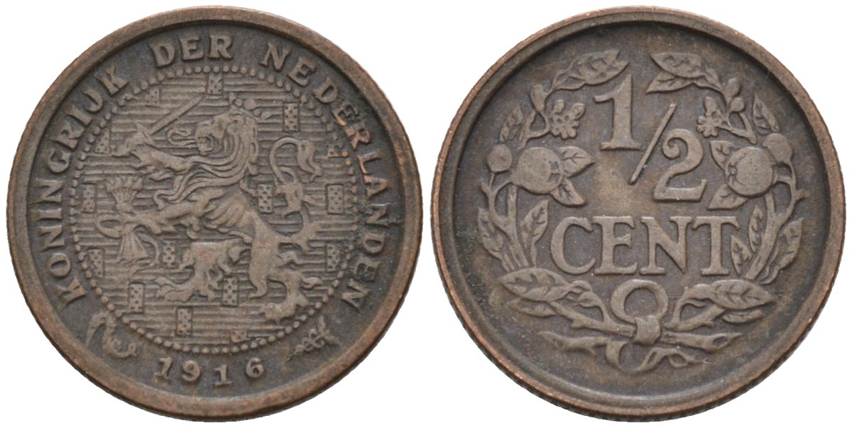 Нидерланды 1/2 цента 1916 Вильгельмина (1890-1948) KM 138 бронза 4576-364