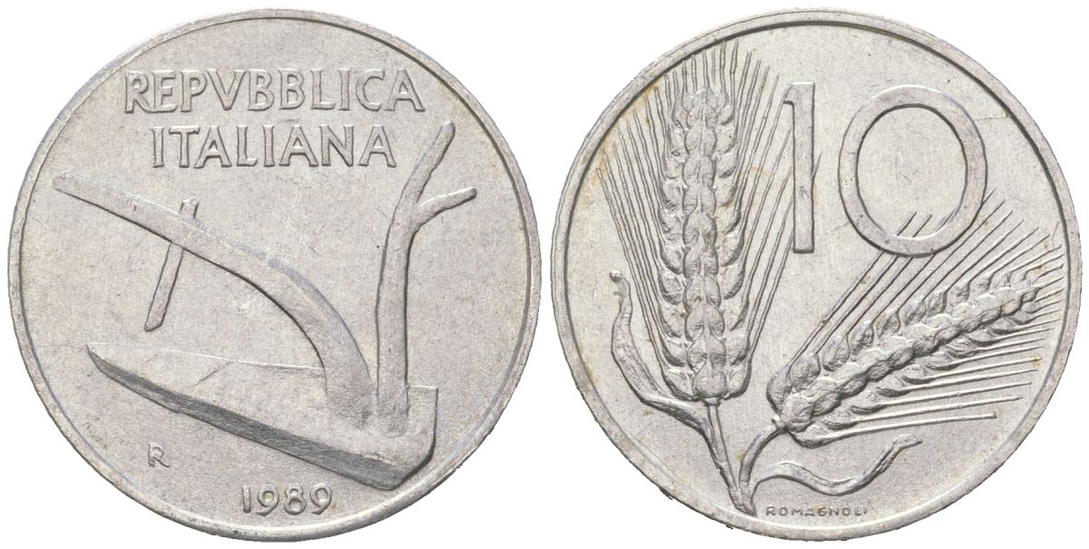 Италия 10 лир 1989 R, колосья, плуг KM 93 алюминий aUNC 4616-831
