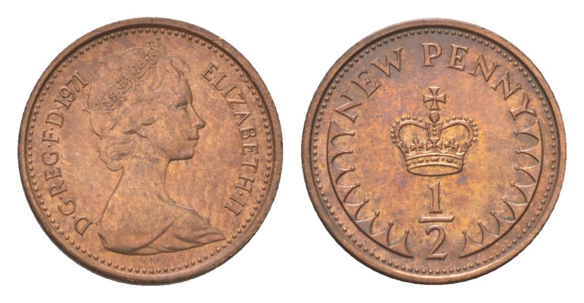 Великобритания 1/2 пенни 1971 Елизавета II (1952-2022) KM 914, Spink 4239 (A1) бронза aUNC 4627-638