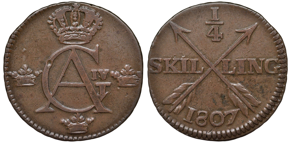 Швеция 1/4 шиллинга 1807 Густав IV Адольф (1792-1809) KM 564 медь 1518-113
