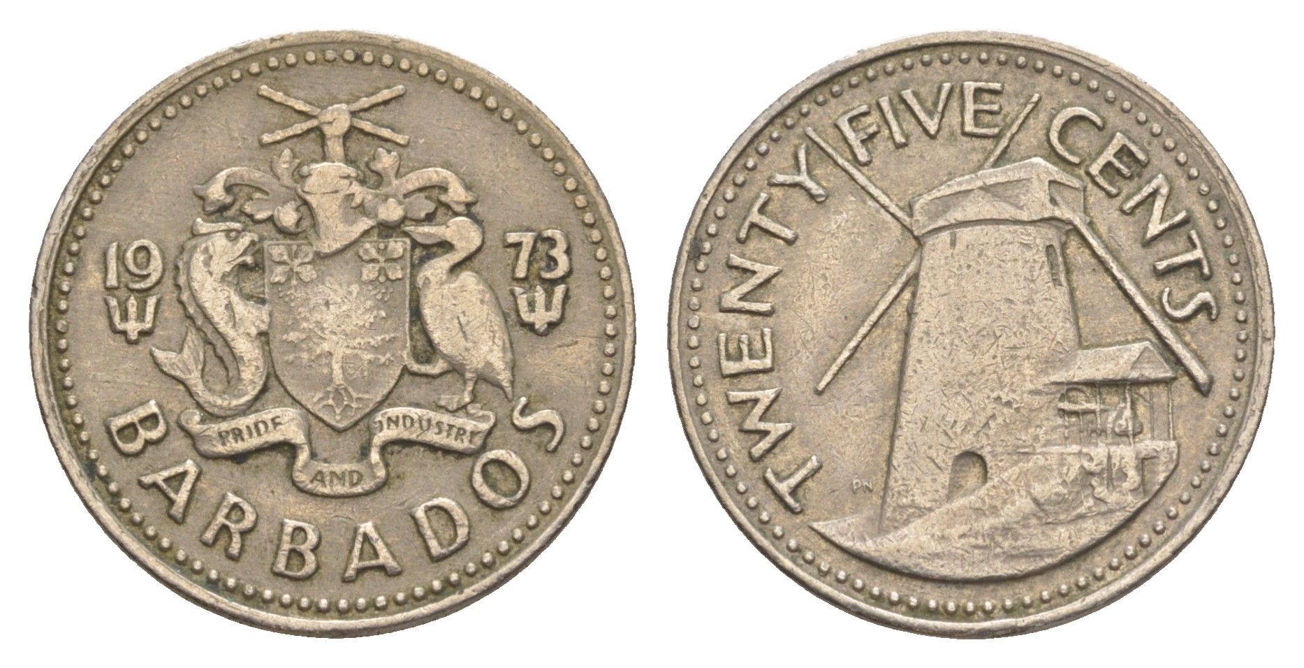 Барбадос 25 центов 1973 ветряная мельница Моргана Льюиса KM 13 медно-никель 4646-227