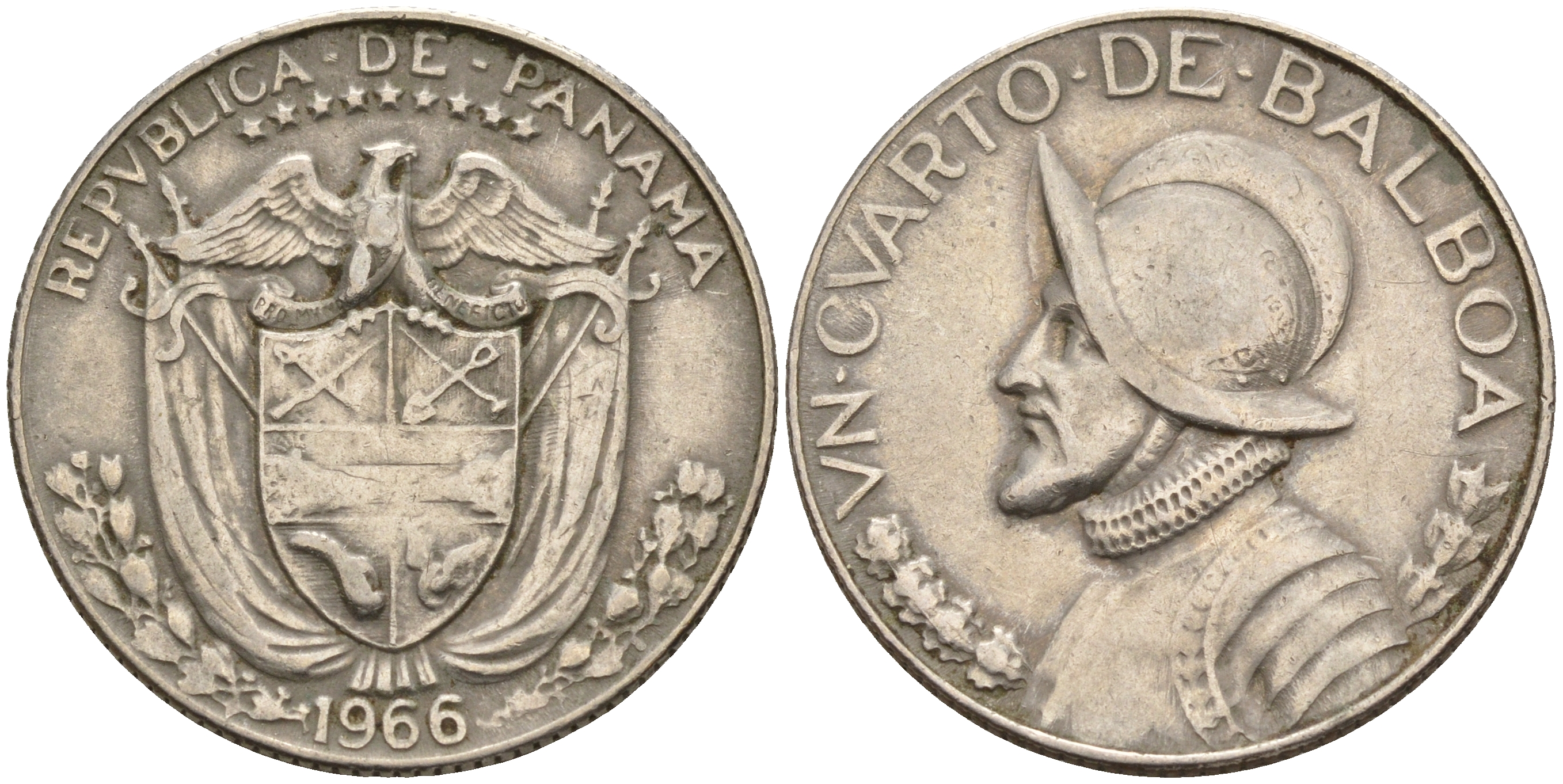 Панама 1/4 бальбоа 1966 Васко Нуньес де Бальбоа KM 11а медь плакированная медно-никелем    4603-211