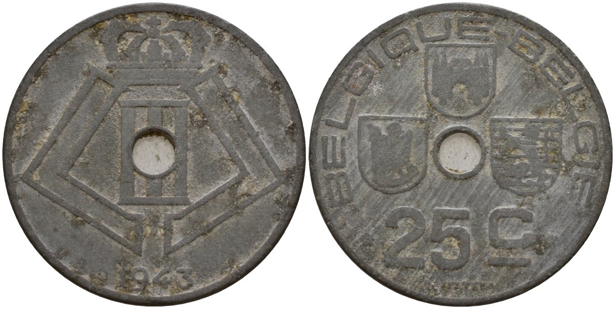 Бельгия 25 сантимов 1943 Belgique - Belgie, Леопольд III (1934-1947), германская оккупация, Вторая мировая война KM 131 цинк 4157-442