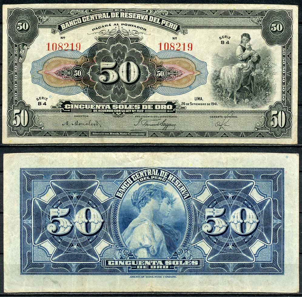 Перу 50 солей 1941 девушка с овечкой Pick 68A a  бумага   451-561-1
