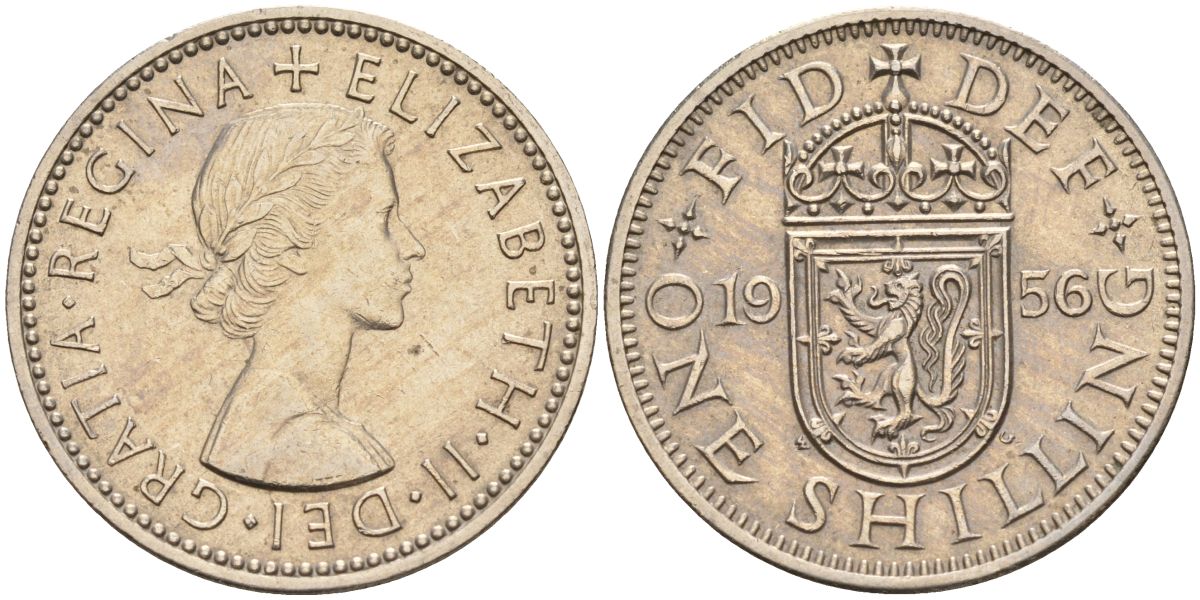 Великобритания 1 шиллинг 1956 Елизавета II (1952-2022), Шотландский герб KM 905, Spink 4148 медно-никель 4153-931