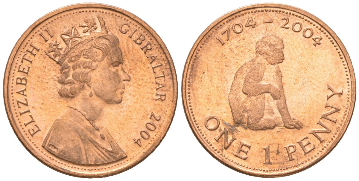 Гибралтар 1 пенни 2004 300 лет захвату Гибралтара KM 1046 сталь плакированная бронзой UNC 4618-619