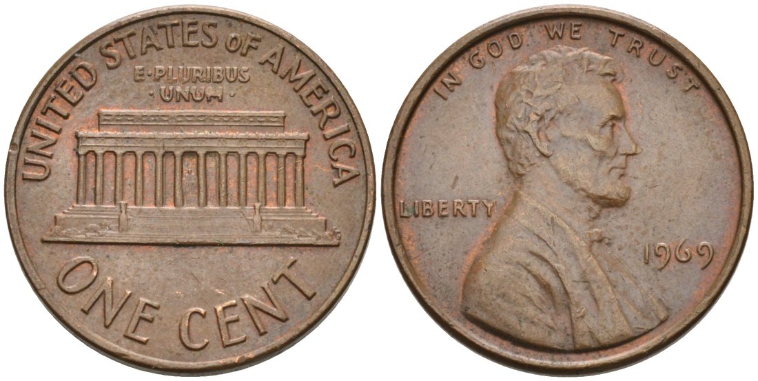 США 1 цент 1969 Линкольн KM 201 медь цинк 4564-449