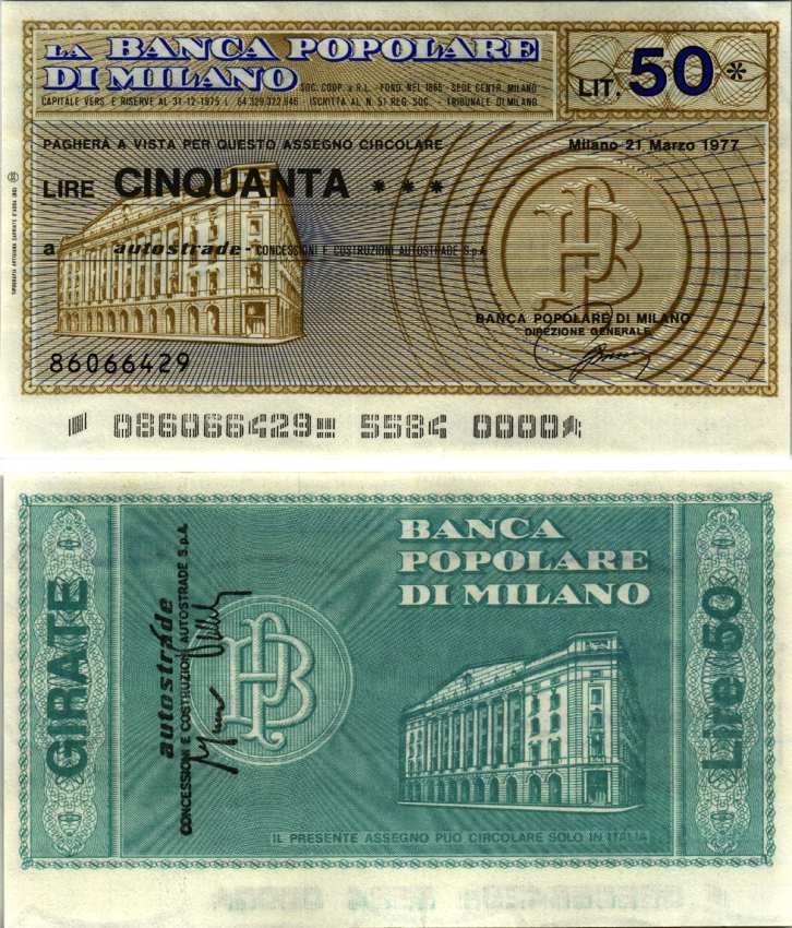 Италия 50 лир 1977 21 марта 1977 La Banca popoLare Di Milano бумага UNC (пресс) 7221-50-2-2
