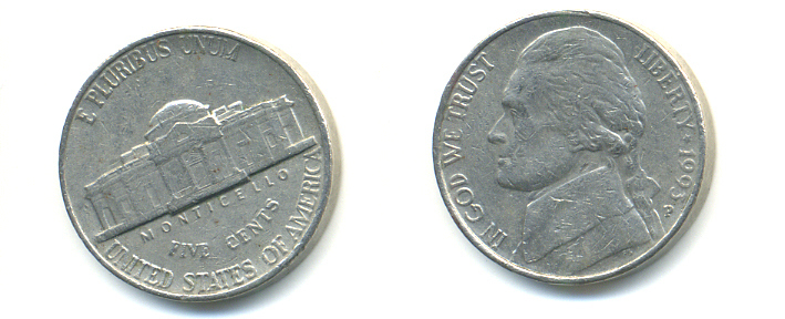 США 5 ЦЕНТОВ 1993 P, ДЖЕФФЕРСОН KM А192 медно-никель 86-625