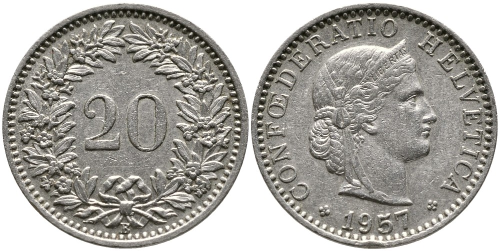 Швейцария 20 раппенов 1957 В KM 29а медно-никель 4539-556