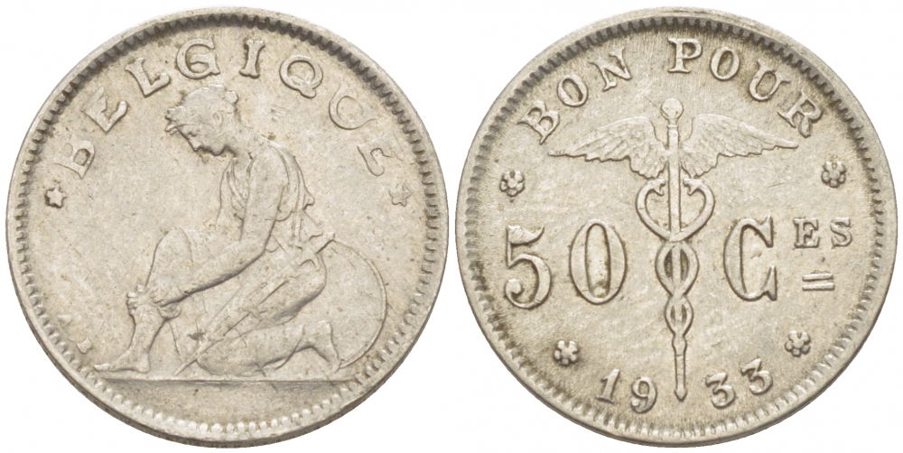 БЕЛЬГИЯ 50 САНТИМОВ 1933 BELGIQUE KM 87 никель 261-1643