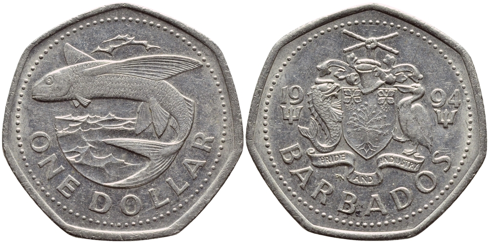 Барбадос 1 доллар 1994 летучая рыба KM 14.2 медно-никель 4398-256