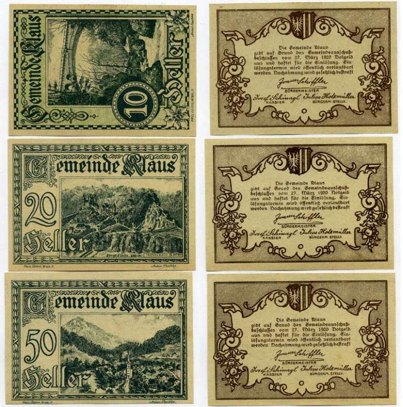 Австрия, Клаус набор из 3 банкнот 10, 20, 50 геллеров 1920 27 марта 1920, нотгельд, коммуна в земле Форарльберг   бумага  UNC (пресс) 7555-26-1-1