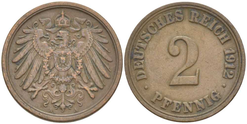 Германия 2 пфеннига 1912 A KM 16, J. 11, Weege 4 медь 212-356