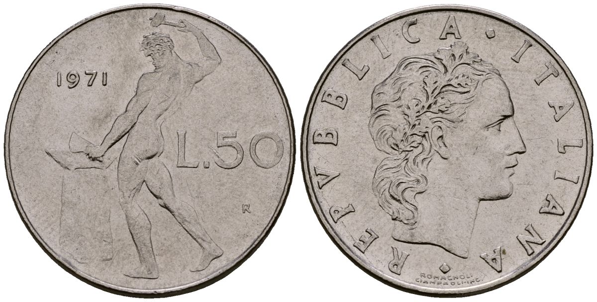 Италия 50 лир 1971 KM 95.1 нержавеющая сталь 4176-236