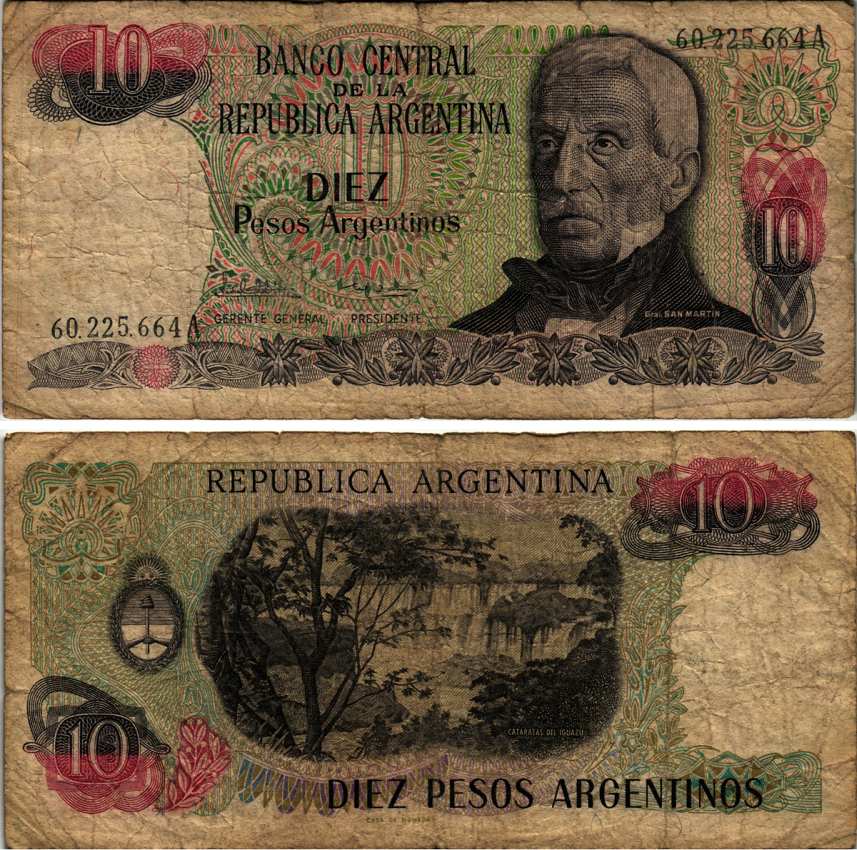 Аргентина 10 песо 1984 Хосе де Сан-Мартин, серия А 60225 Pick 313а бумага 7221-25-2-2